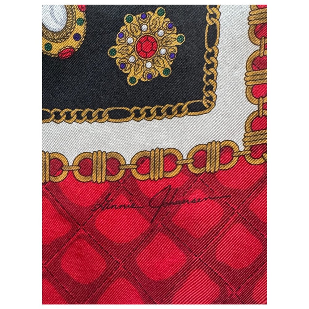 Ginnie Johansen Inc Silk Scarf Red Black Gold Chain Plaid Design Vintage 1988 - Picture 4 of 6